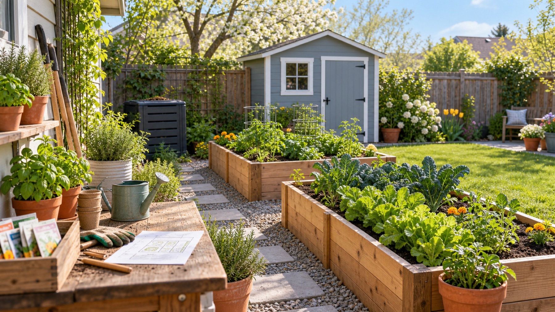 Small backyard homestead with raised beds, herbs, compost bin and garden sketch